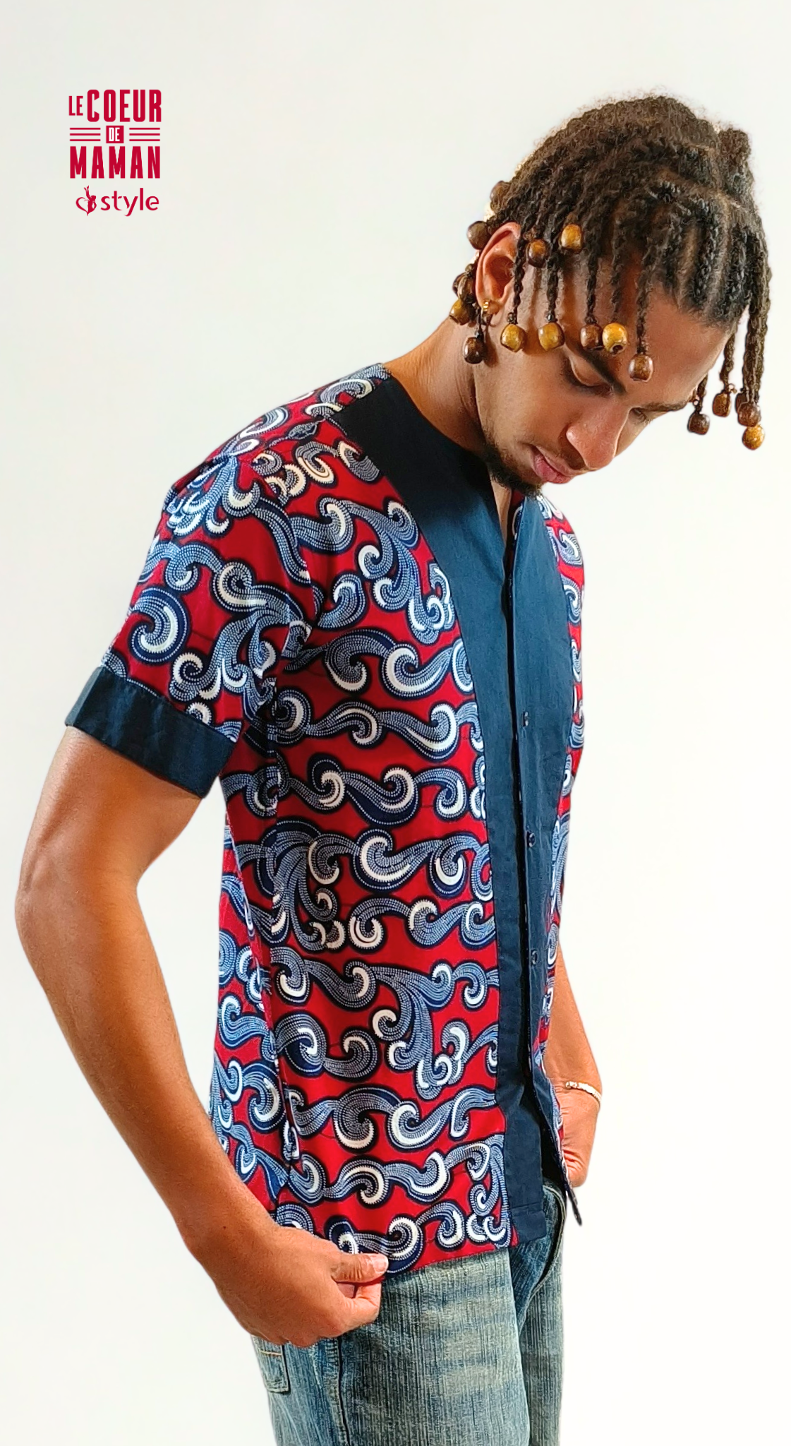 Chemise courte manche bleu - rouge