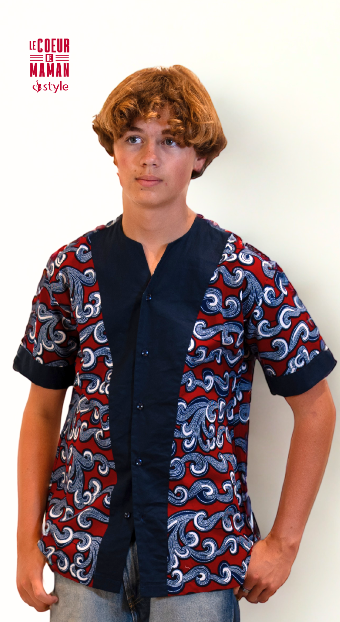 Chemise courte manche bleu - rouge