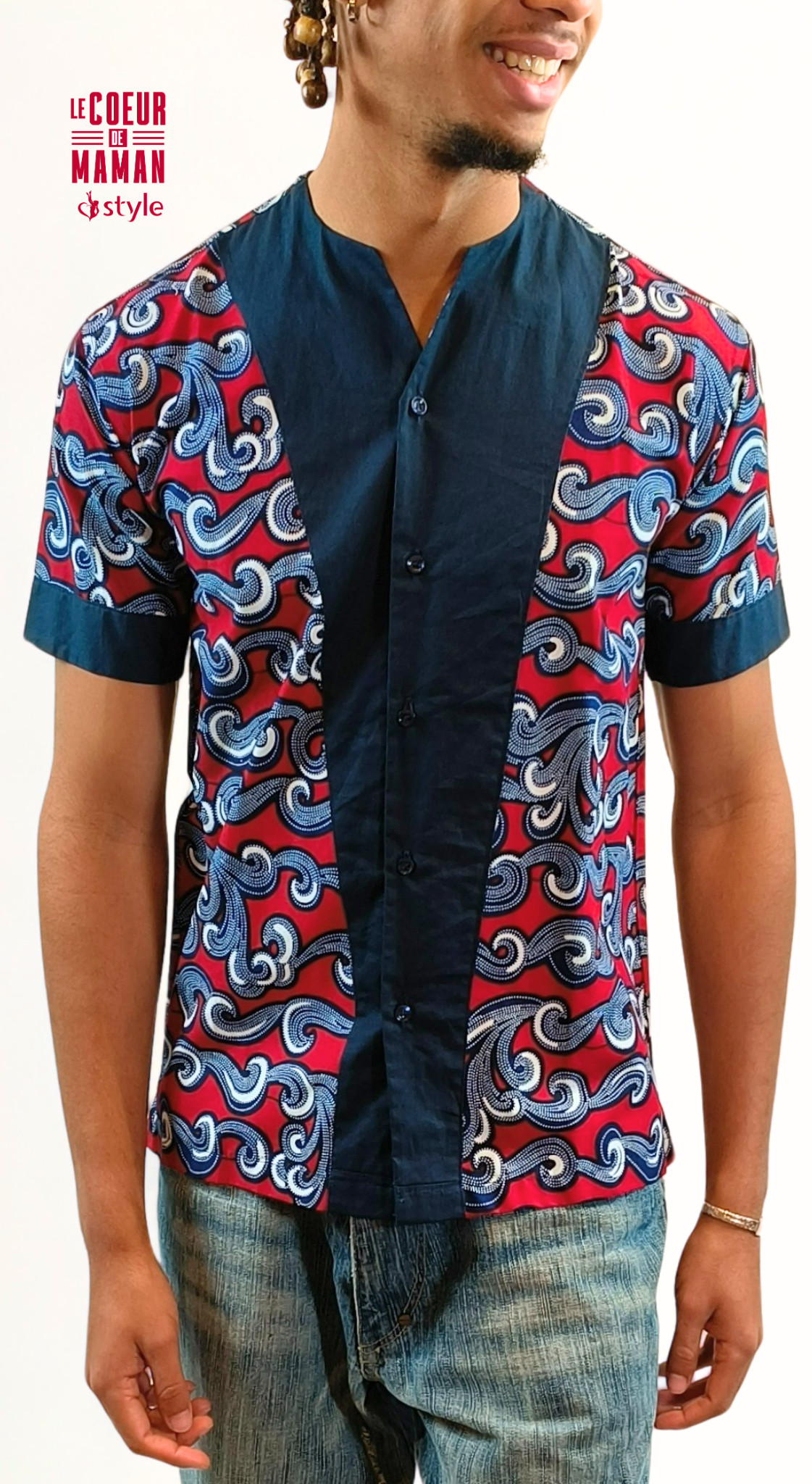 Chemise courte manche bleu - rouge