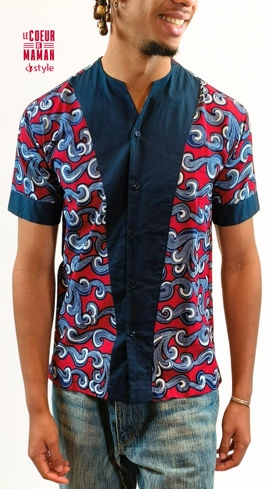 Chemise courte manche bleu - rouge